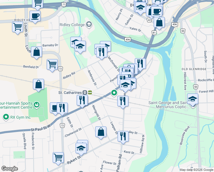 map of restaurants, bars, coffee shops, grocery stores, and more near 63 Permilla Street in St. Catharines