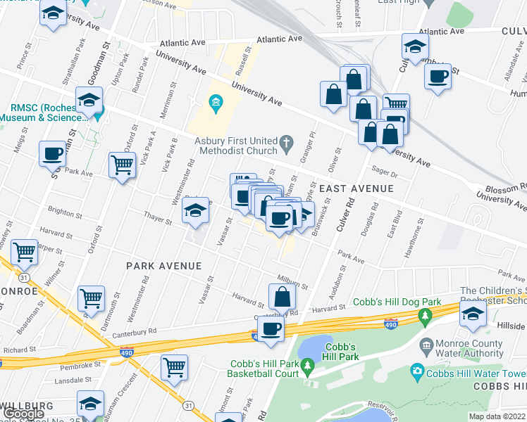 map of restaurants, bars, coffee shops, grocery stores, and more near 80 Berkeley Street in Rochester