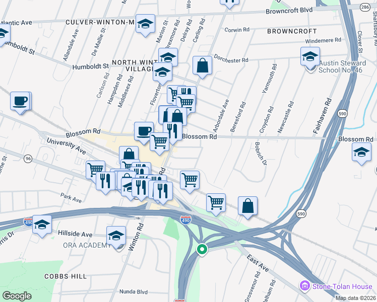 map of restaurants, bars, coffee shops, grocery stores, and more near 64 Gale Terrace in Rochester