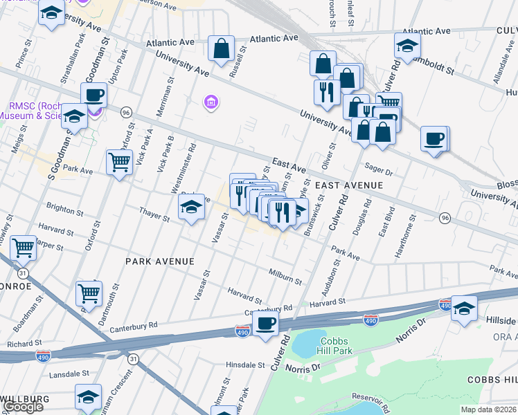 map of restaurants, bars, coffee shops, grocery stores, and more near 80 Berkeley Street in Rochester