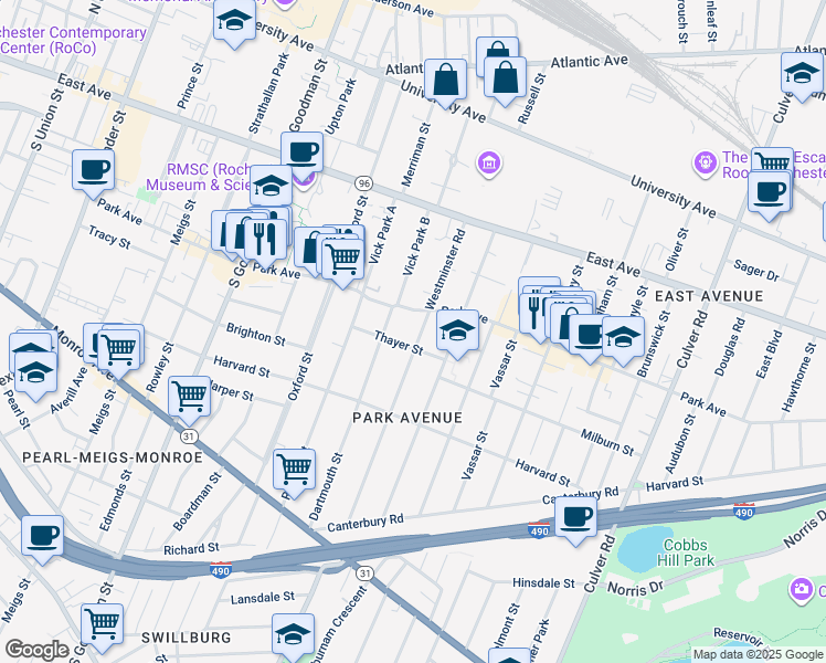 map of restaurants, bars, coffee shops, grocery stores, and more near 139 Westminster Road in Rochester