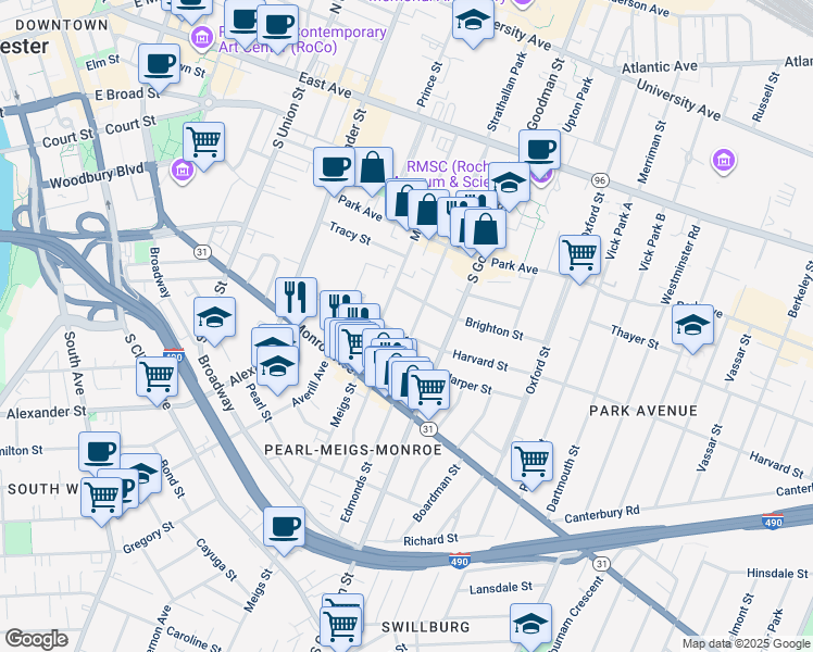 map of restaurants, bars, coffee shops, grocery stores, and more near 260 Meigs Street in Rochester