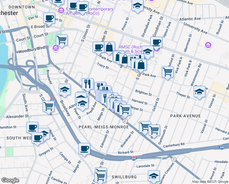 map of restaurants, bars, coffee shops, grocery stores, and more near 260 Meigs Street in Rochester