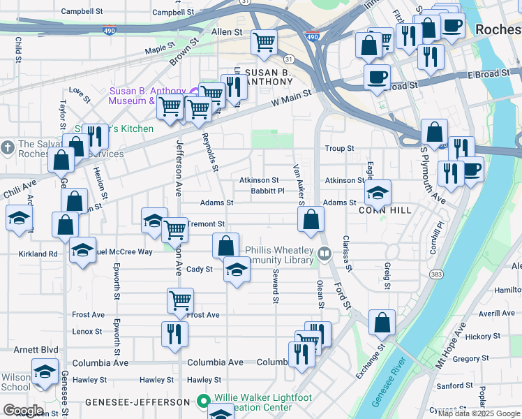 map of restaurants, bars, coffee shops, grocery stores, and more near 230 Adams Street in Rochester