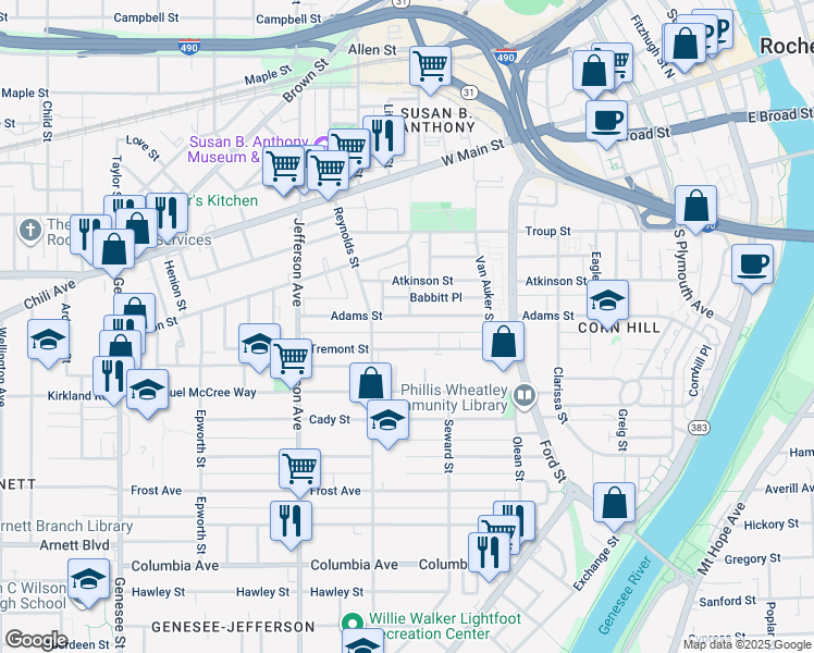 map of restaurants, bars, coffee shops, grocery stores, and more near 252 Adams Street in Rochester