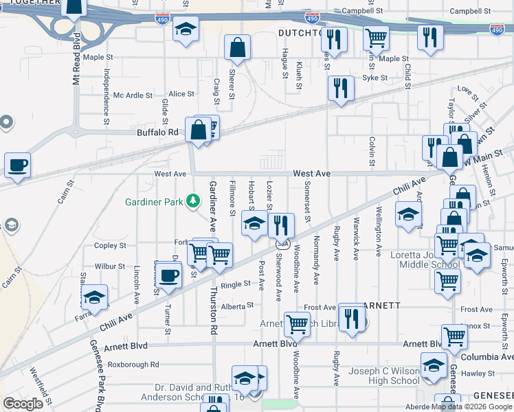 map of restaurants, bars, coffee shops, grocery stores, and more near 43 Hobart Street in Rochester