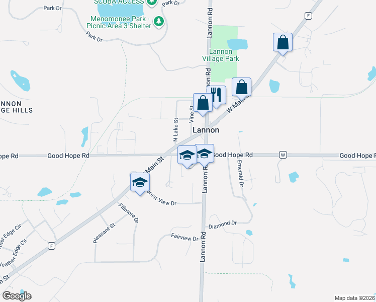 map of restaurants, bars, coffee shops, grocery stores, and more near 20549 West Main Street in Lannon