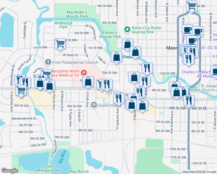 map of restaurants, bars, coffee shops, grocery stores, and more near 739 3rd St SW in Mason City