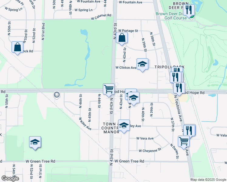map of restaurants, bars, coffee shops, grocery stores, and more near W Good Hope Rd & N 43rd St in Milwaukee