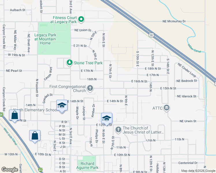 map of restaurants, bars, coffee shops, grocery stores, and more near 1605 North 7th East in Mountain Home