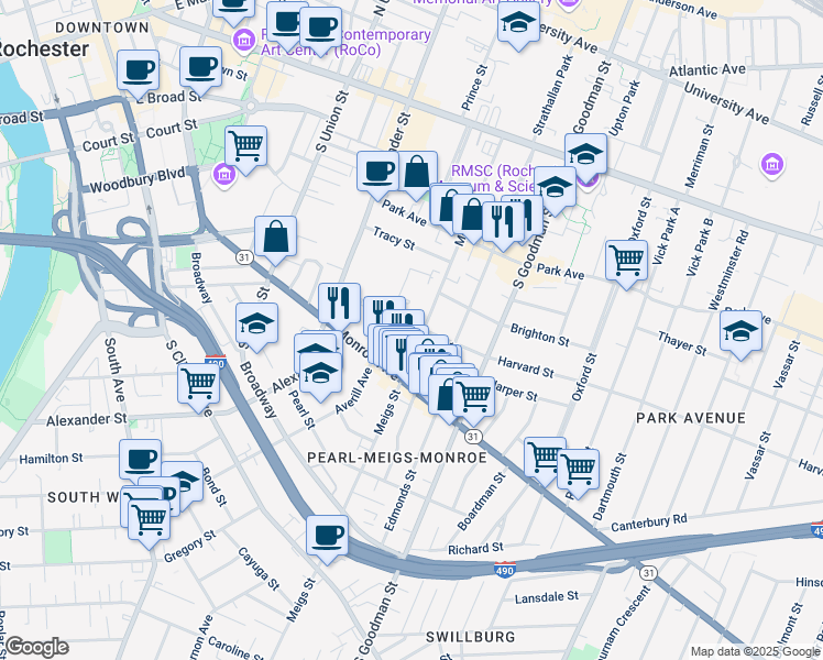 map of restaurants, bars, coffee shops, grocery stores, and more near 683 Averill Avenue in Rochester