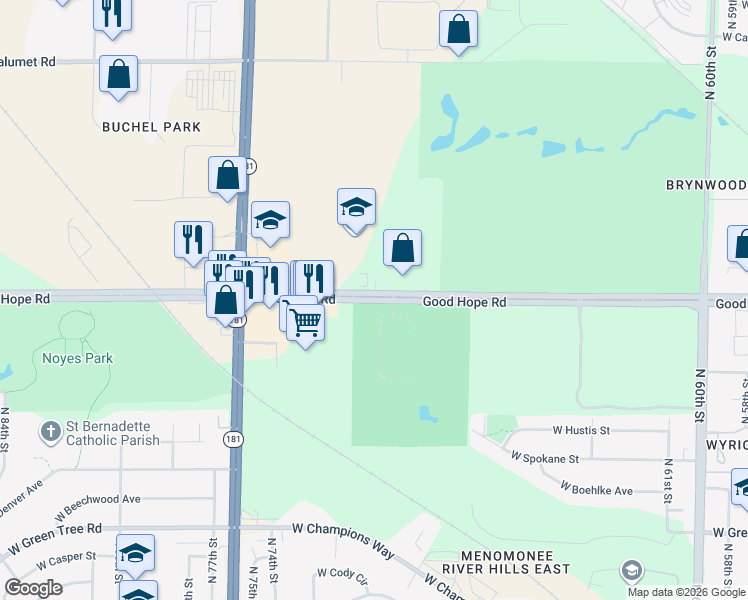 map of restaurants, bars, coffee shops, grocery stores, and more near West Good Hope Road in Milwaukee