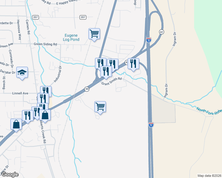 map of restaurants, bars, coffee shops, grocery stores, and more near 200 Grant Smith Road in Roseburg
