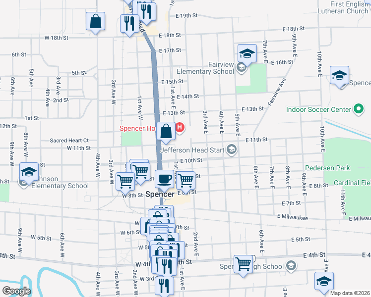 map of restaurants, bars, coffee shops, grocery stores, and more near 104 East 4th Street in Spencer