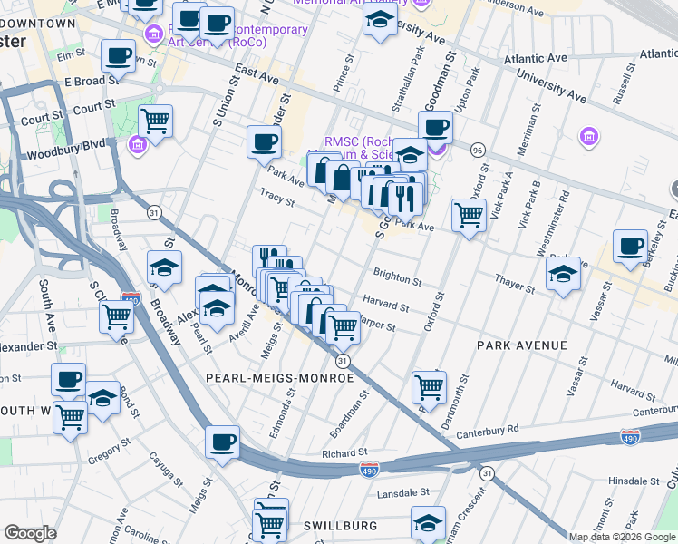 map of restaurants, bars, coffee shops, grocery stores, and more near 24 Rowley Street in Rochester