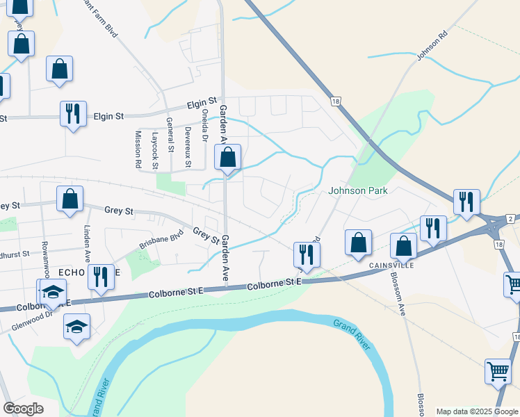 map of restaurants, bars, coffee shops, grocery stores, and more near 183 Thomas Avenue in Brantford