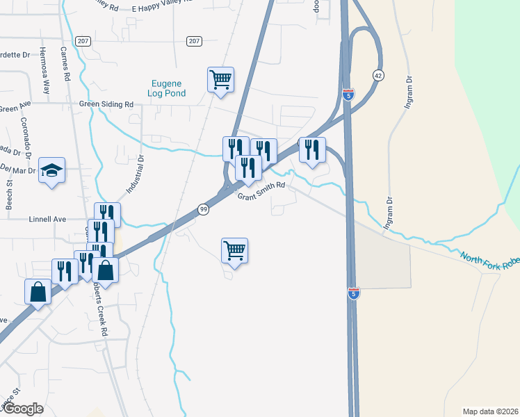 map of restaurants, bars, coffee shops, grocery stores, and more near 200 Grant Smith Road in Roseburg