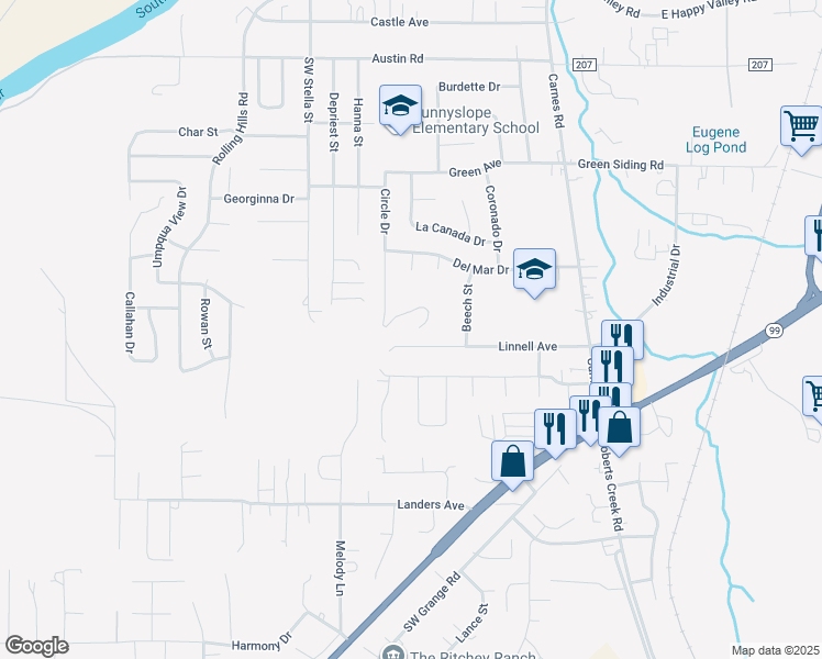 map of restaurants, bars, coffee shops, grocery stores, and more near 2147 Circle Drive in Roseburg