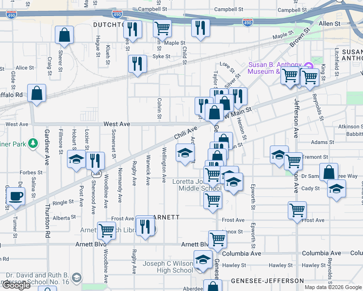 map of restaurants, bars, coffee shops, grocery stores, and more near 35 Ardmore Street in Rochester