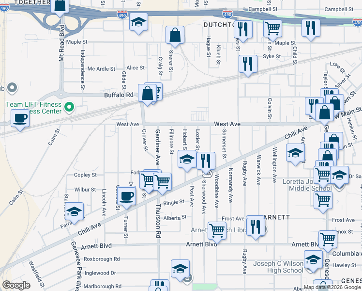 map of restaurants, bars, coffee shops, grocery stores, and more near 43 Hobart Street in Rochester