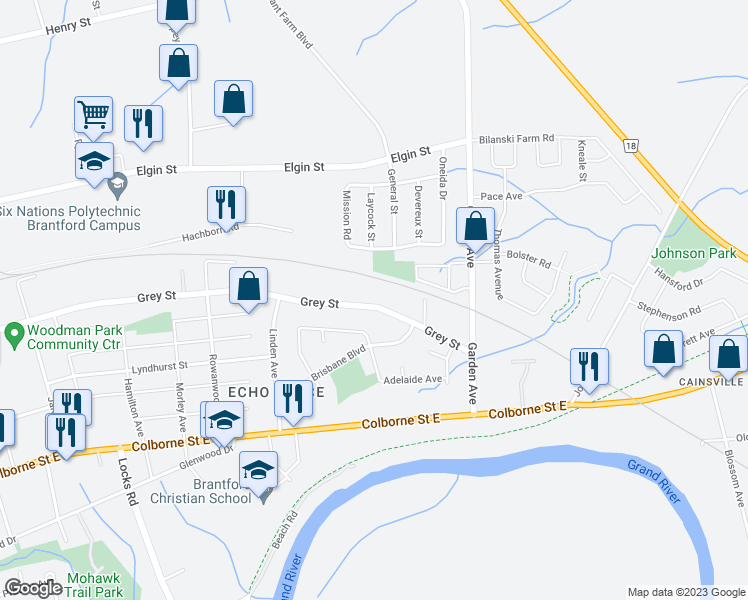 map of restaurants, bars, coffee shops, grocery stores, and more near 660 Grey Street in Brantford