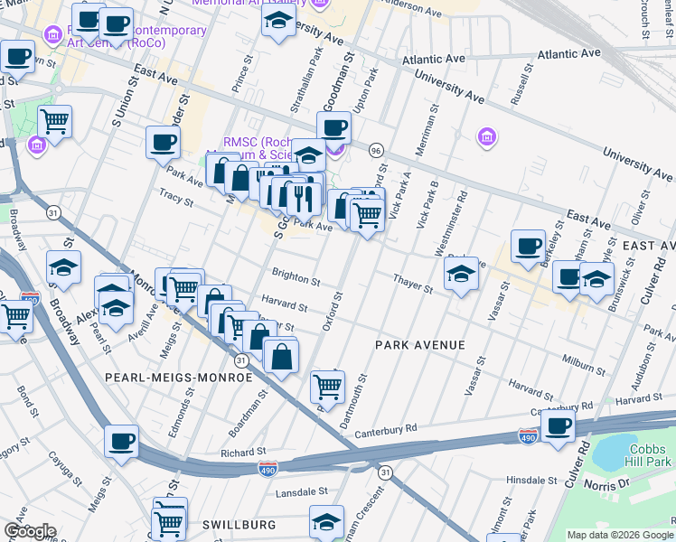 map of restaurants, bars, coffee shops, grocery stores, and more near 343 Oxford Street in Rochester