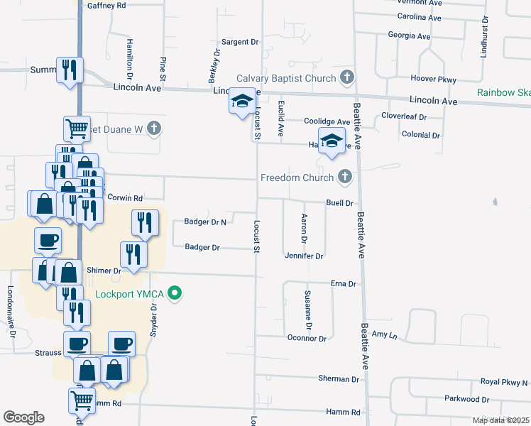 map of restaurants, bars, coffee shops, grocery stores, and more near 5681 Locust Street in Lockport