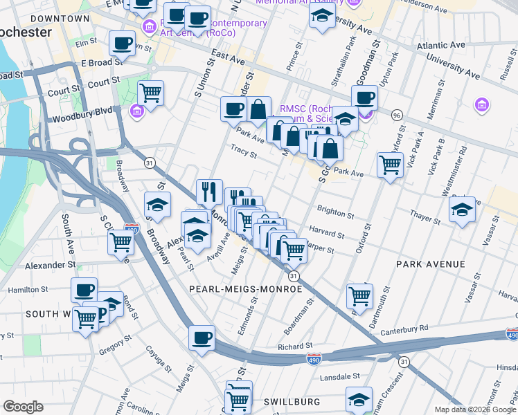 map of restaurants, bars, coffee shops, grocery stores, and more near 287 Meigs Street in Rochester
