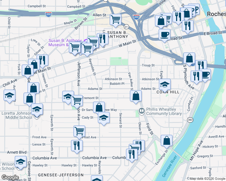 map of restaurants, bars, coffee shops, grocery stores, and more near 230 Adams Street in Rochester