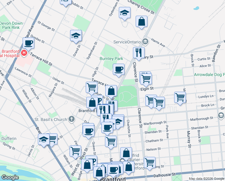 map of restaurants, bars, coffee shops, grocery stores, and more near 8 Terrace Hill Street in Brantford
