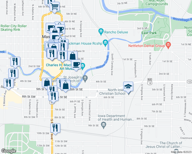 map of restaurants, bars, coffee shops, grocery stores, and more near 37 River Heights Drive in Mason City