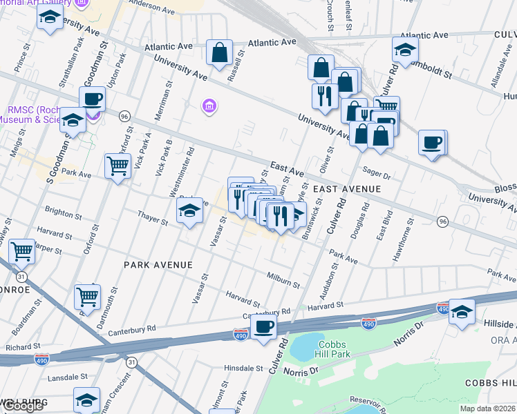 map of restaurants, bars, coffee shops, grocery stores, and more near 80 Berkeley Street in Rochester