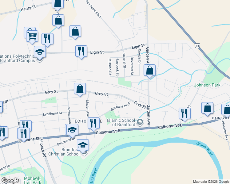 map of restaurants, bars, coffee shops, grocery stores, and more near 656 Grey Street in Brantford