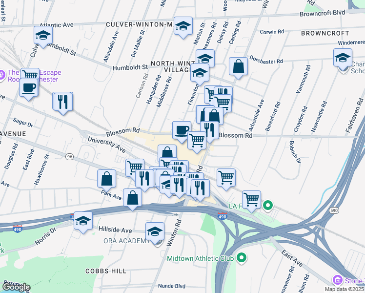 map of restaurants, bars, coffee shops, grocery stores, and more near 565 Blossom Road in Rochester