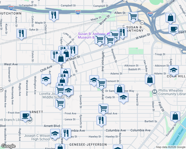map of restaurants, bars, coffee shops, grocery stores, and more near 14 Morgan Street in Rochester