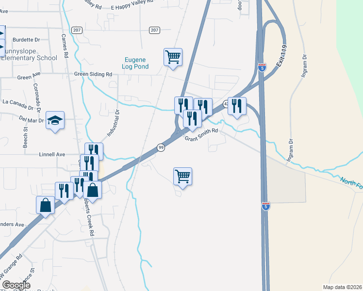 map of restaurants, bars, coffee shops, grocery stores, and more near 200 Grant Smith Road in Roseburg