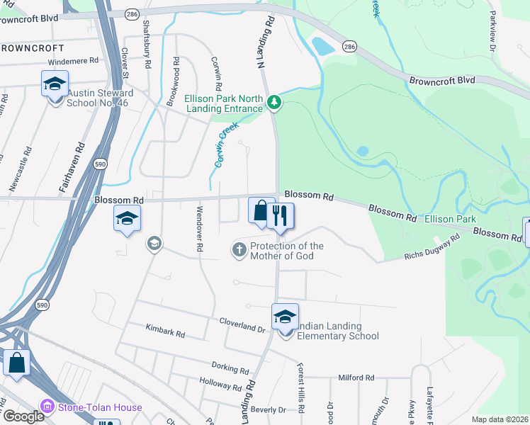 map of restaurants, bars, coffee shops, grocery stores, and more near 1737 Blossom Road in Rochester
