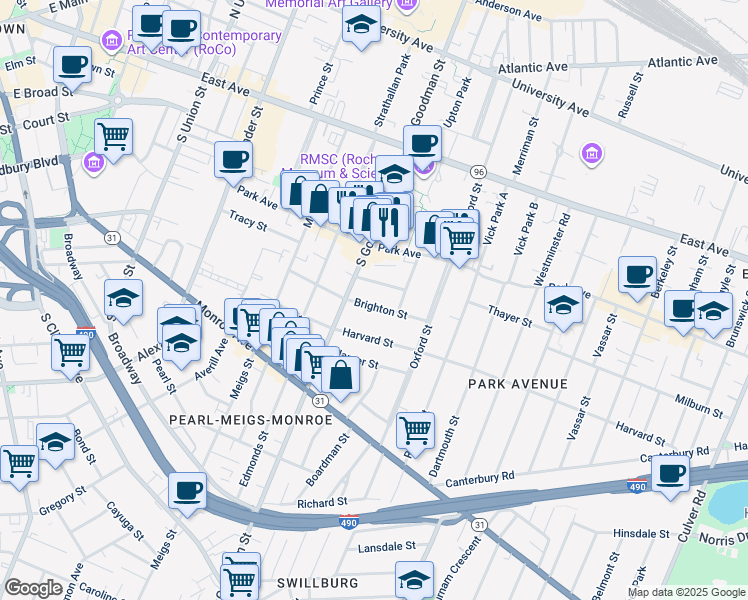 map of restaurants, bars, coffee shops, grocery stores, and more near 49 Harlem Street in Rochester