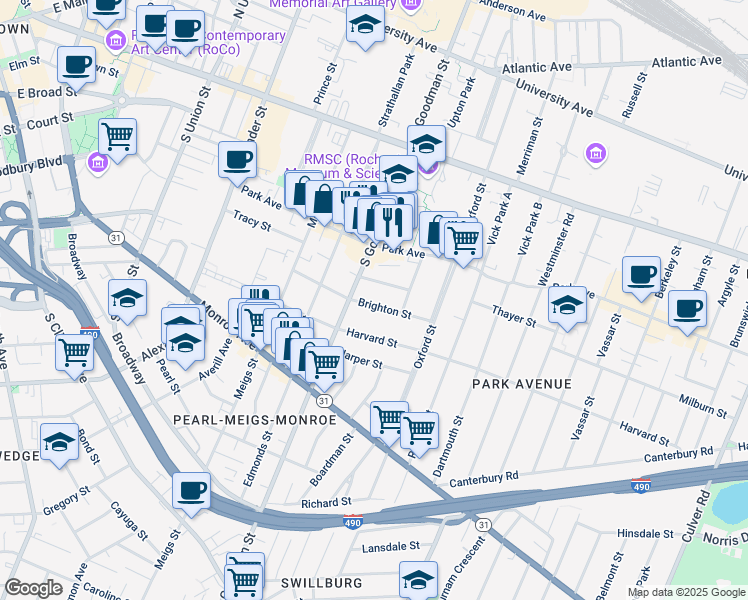 map of restaurants, bars, coffee shops, grocery stores, and more near 224 South Goodman Street in Rochester