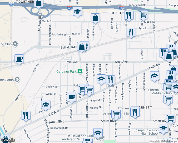 map of restaurants, bars, coffee shops, grocery stores, and more near 40 Gardiner Avenue in Rochester