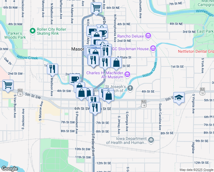 map of restaurants, bars, coffee shops, grocery stores, and more near 300-312 South Delaware Avenue in Mason City