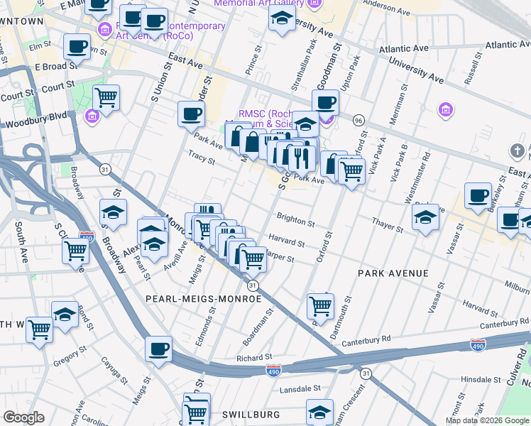 map of restaurants, bars, coffee shops, grocery stores, and more near 224 South Goodman Street in Rochester
