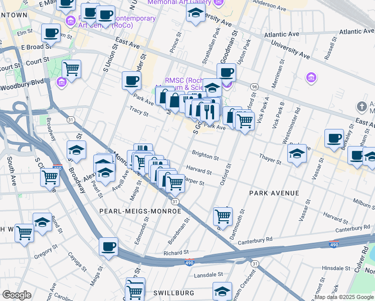 map of restaurants, bars, coffee shops, grocery stores, and more near South Goodman Street & Brighton Street in Rochester
