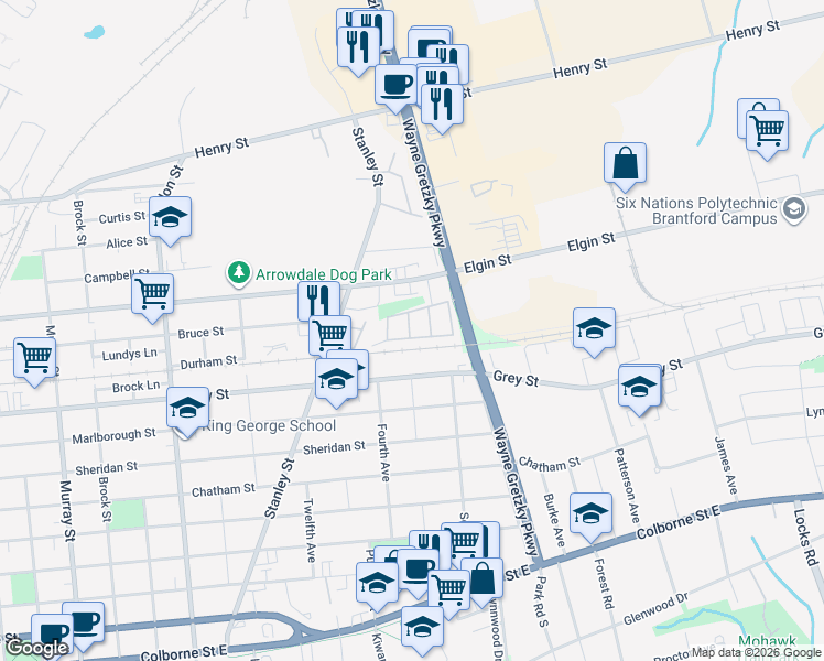 map of restaurants, bars, coffee shops, grocery stores, and more near 20 McConkey Crescent in Brantford
