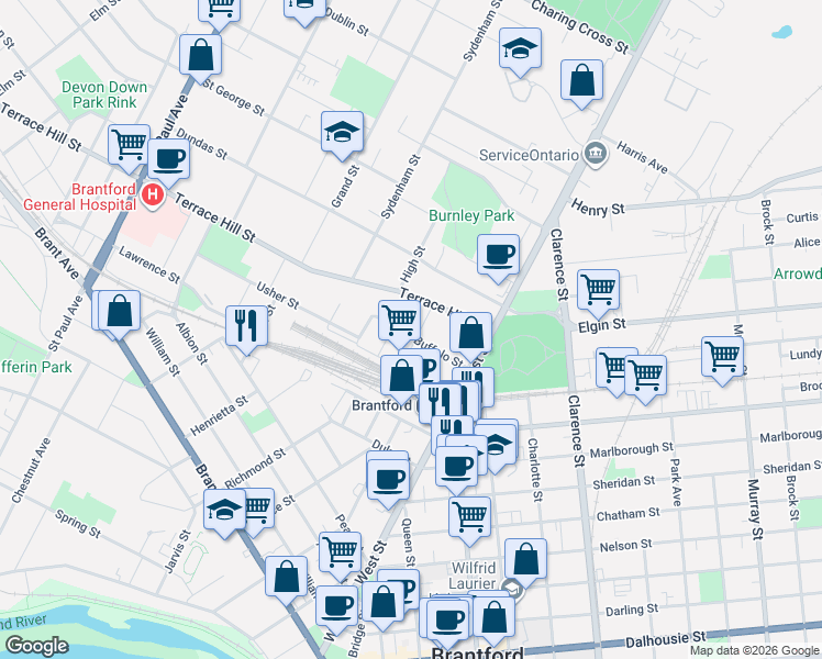 map of restaurants, bars, coffee shops, grocery stores, and more near 61 Buffalo Street in Brantford