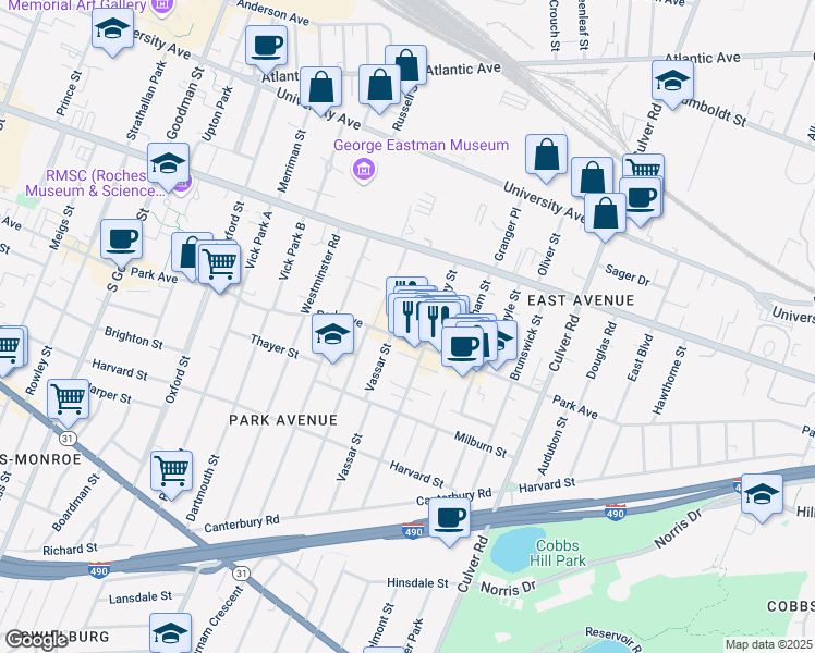 map of restaurants, bars, coffee shops, grocery stores, and more near 636 Park Avenue in Rochester