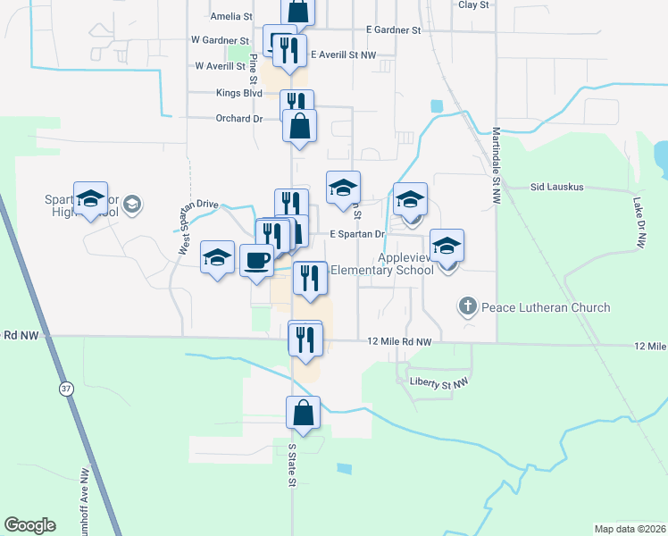 map of restaurants, bars, coffee shops, grocery stores, and more near 530 Leisure Acres Street in Sparta