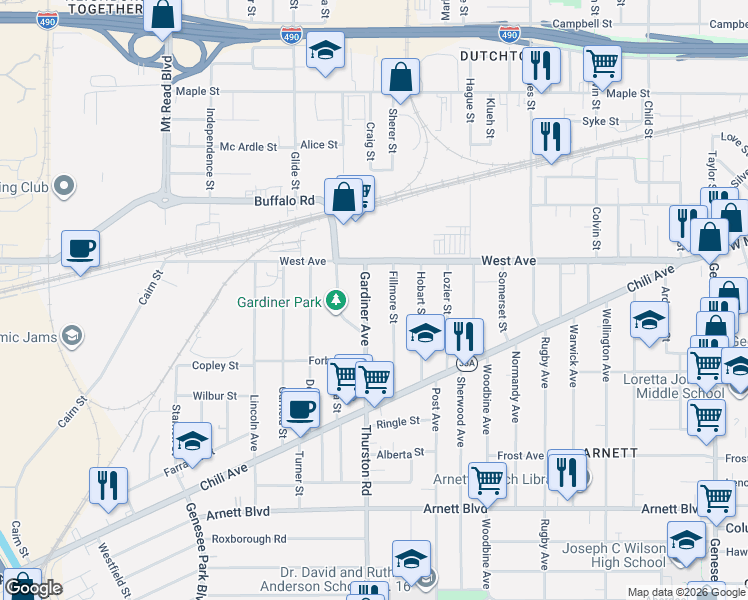 map of restaurants, bars, coffee shops, grocery stores, and more near 40 Gardiner Avenue in Rochester
