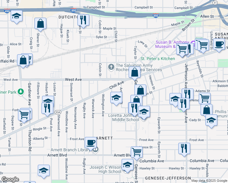map of restaurants, bars, coffee shops, grocery stores, and more near 18 Kenwood Avenue in Rochester