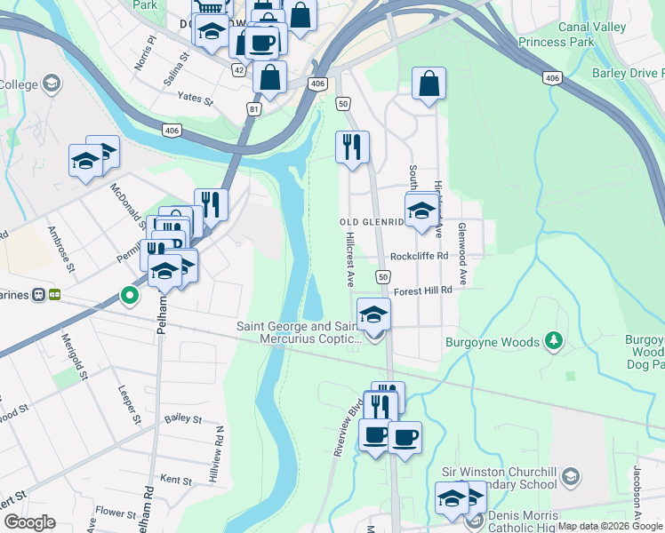 map of restaurants, bars, coffee shops, grocery stores, and more near 44 Hillcrest Avenue in St. Catharines